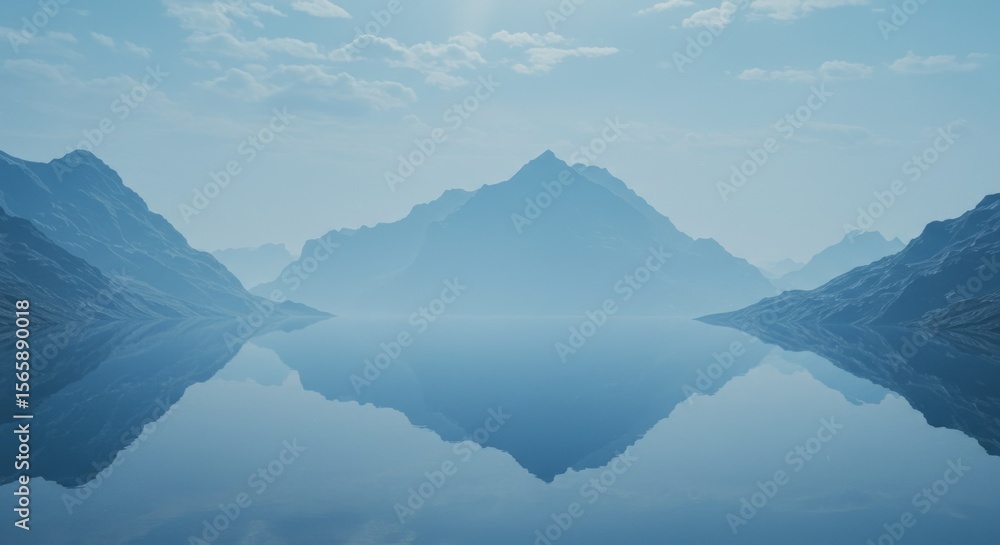 Fototapeta premium Calm Mountain Range Reflected in Blue Water with Hazy Sky