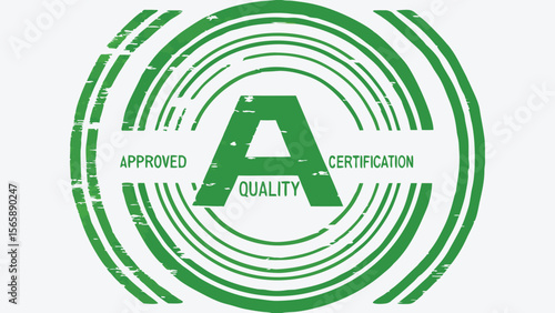 Green approved quality certification seal with letter a in the center and circle borders design
