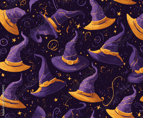 Cute Halloween seamless pattern with witch hats in purple, orange, pink colors. Magical stars and swirls on cream background. Perfect for fall decor, packaging, textiles