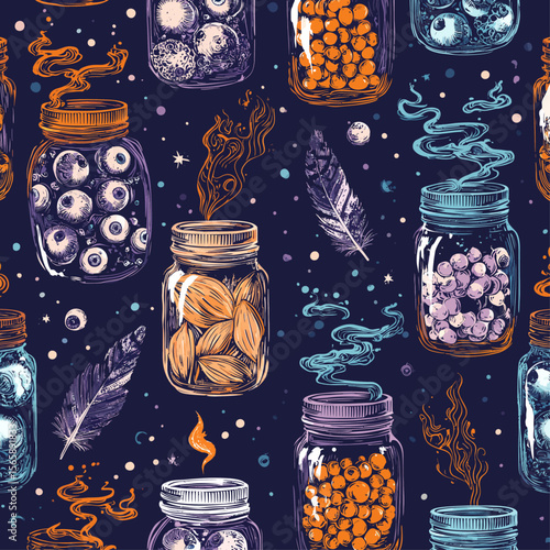 Whimsical Halloween seamless pattern with magical apothecary jars filled with eyeballs, potions and spooky ingredients on dark mystical background
