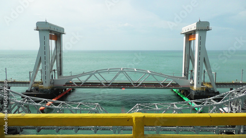 The vertical lift portion of the new Pamban railway sea bridge at Rameswaram, Tamil Nadu, India