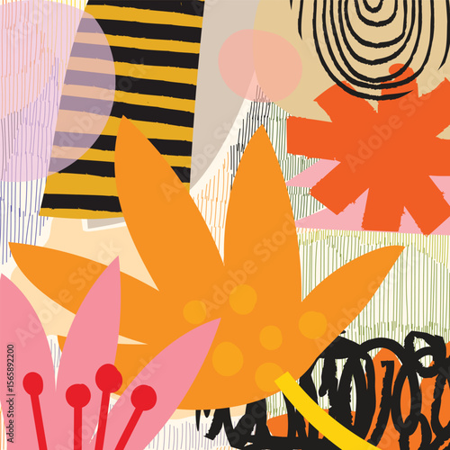 Abstract collage with orange leaves pink petals black stripes and scribble patterns on a textured background