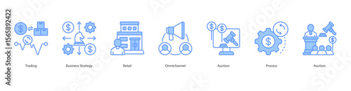 Modern Retail Strategy Icon Set Collection Concept With Icon Of Trading, Business Strategy, Retail, Omnichannel, Auction, Process, Auction