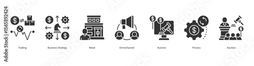 Modern Retail Strategy Icon Set Collection Concept With Icon Of Trading, Business Strategy, Retail, Omnichannel, Auction, Process, Auction