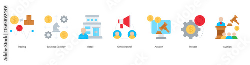Modern Retail Strategy Icon Set Collection Concept With Icon Of Trading, Business Strategy, Retail, Omnichannel, Auction, Process, Auction