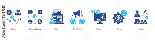 Modern Retail Strategy Icon Set Collection Concept With Icon Of Trading, Business Strategy, Retail, Omnichannel, Auction, Process, Auction