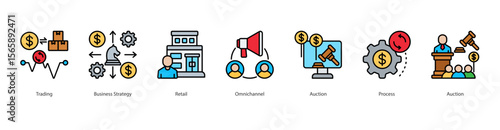 Modern Retail Strategy Icon Set Collection Concept With Icon Of Trading, Business Strategy, Retail, Omnichannel, Auction, Process, Auction