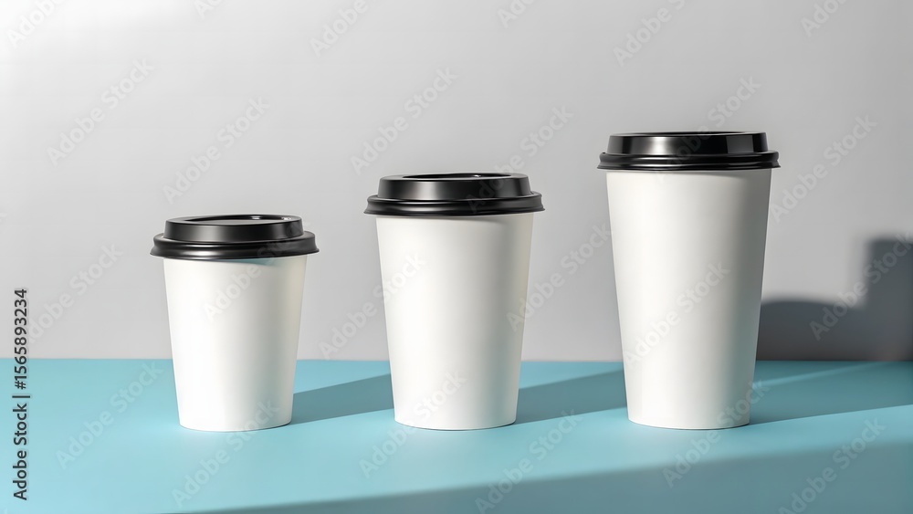 Three blank white disposable coffee cups with black lids arranged in ascending size order on a blue surface Three blank white disposable coffee cups with black lids arranged in ascending size order on a blue surface