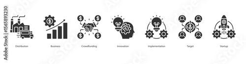 Startup Launch Strategy Icon Set Collection Concept With Icon Of Distribution, Business, Crowdfunding, Innovation, Implementation, Target, Startup