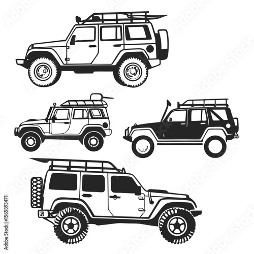 Collection of four off road adventure vehicles with roof racks and spare tires