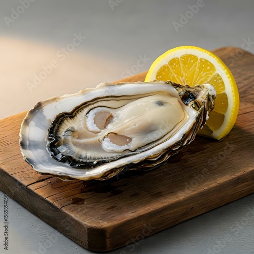 Big Raw Oyster Displayed on Wooden Board with Lemon