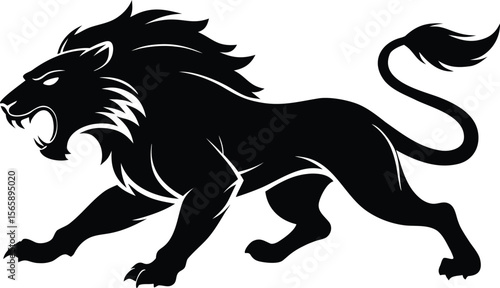 A aggresive lion running pose vector icon silhouette isolated white background
