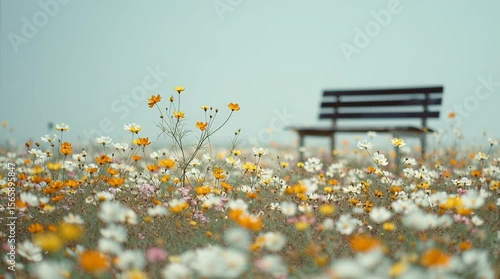 風に揺れるコスモスと静かなベンチの風景　レトロな質感