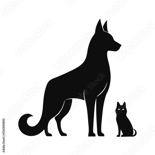 Majestic German Shepherd and Playful Kitten A Striking Black Silhouette Illustration