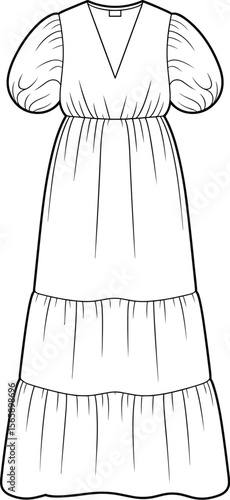 Bohemian style tiered maxi dress flat CAD drawing vector illustration with puff sleeves V neckline gathered waist flowy silhouette fashion