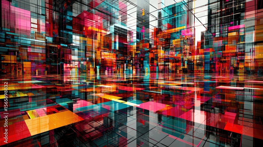 Obraz premium Vibrant urban abstract art installation modern cityscape digital artwork colorful environment aerial view contemporary concept 