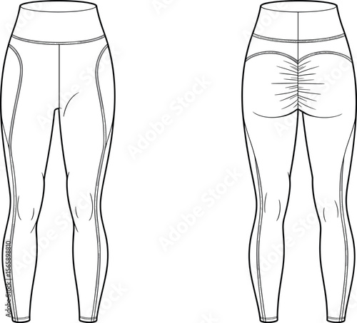 High waisted scrunch butt seam detail leggings flat CAD drawing vector illustration front back view activewear yoga fitness pants design