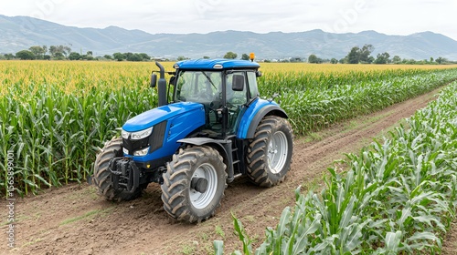 Blue tractor on dirt road between green crops with mountains in background.