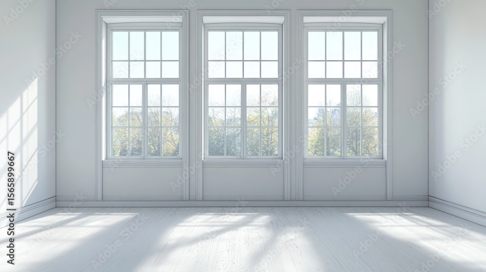 Fototapeta premium Bright room with three large windows and white floors, bathed in morning sunlight