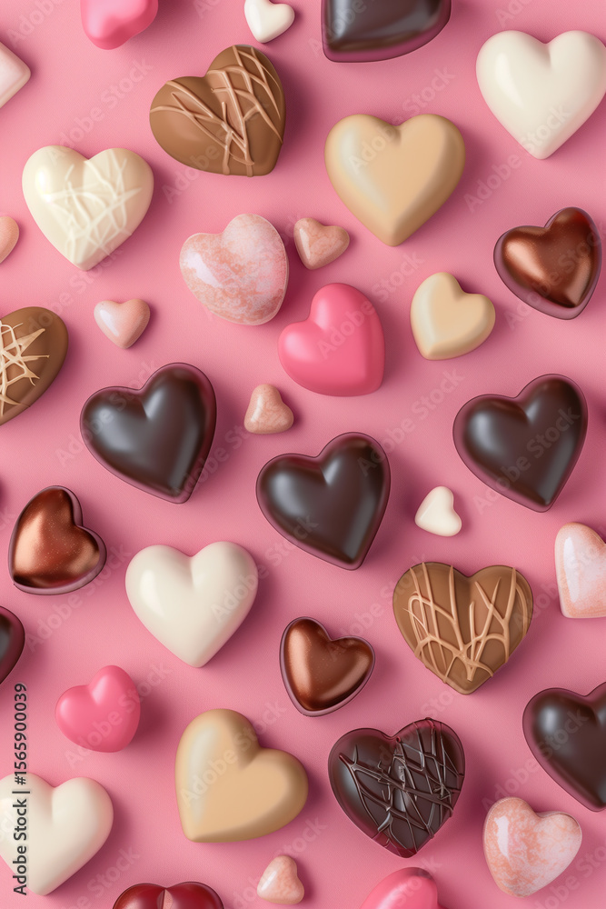 Fototapeta premium Top view of heart-shaped chocolates in brown and white on pastel background