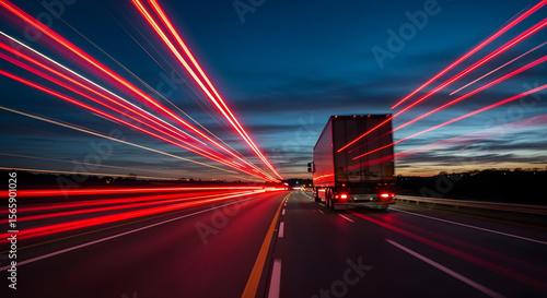 Semi-truck with trailer on U.S. highway at dawn, long exposure
