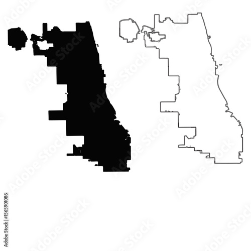  Set of Chicago City Map Outline – Black Silhouette of Illinois Metropolis with Lakefront Border on a transparent background.
