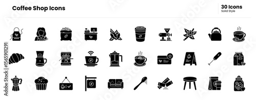 Coffee shop icon set. coffee, cup, mug, cafe, barista, espresso, latte, cappuccino, brew, roast, bean, grinder, machine, moka. Vector solid icon illustration