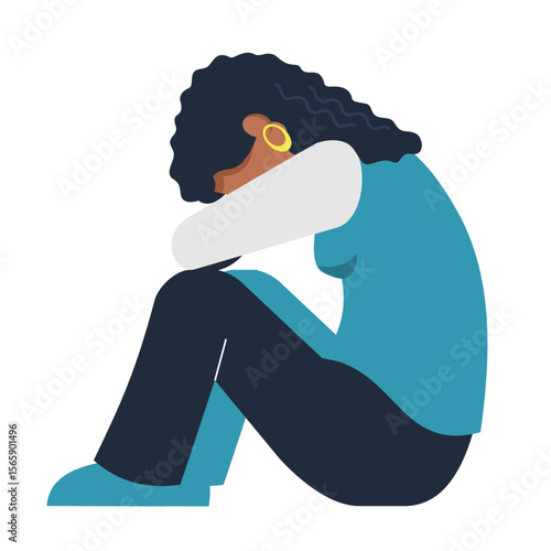 sad african woman insecure flat design illustration. sit on the floor and hugging her knees. mental pressure concept