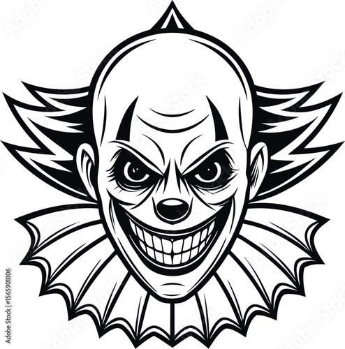 Scary clown face with spiky hair and wide grinning mouth black and white