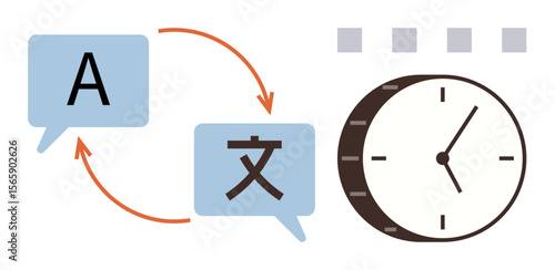 Two speech bubbles with language symbols connected by arrows emphasize translation. Clock symbolizes efficiency and time. Ideal for communication, localization, teamwork, language learning