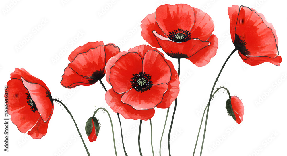 Obraz premium Vivid Watercolor Red Poppies with Buds Elegant Floral Arrangement