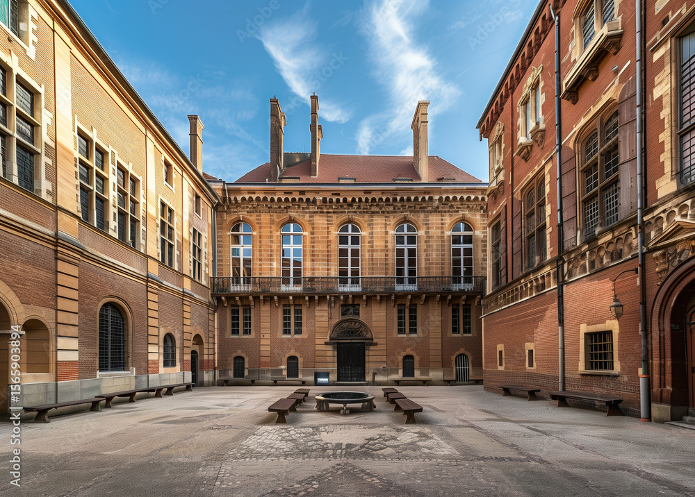Naklejka premium Charming red brick and white stone house with courtyard