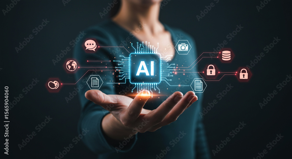 Fototapeta premium Woman Presenting Glowing AI Chip with Connected Icons, Representing Data, Security