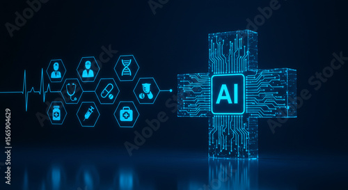 Artificial Intelligence in Healthcare, Featuring a Glowing Circuit Board Cross and Medical Icons, Representing Innovation and Technology in Medicine