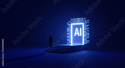 Man Ascending Steps Towards Glowing AI Portal, Representing the Future of Artificial Intelligence and Technological Advancement in a Dark Blue Futuristic Environment
