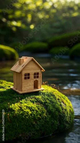 Realistic Miniature House on Moss Green River Rocks Nature