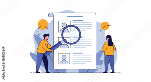 Team members are carefully examining a resume on a large document using a magnifying glass for recruitment and hiring process