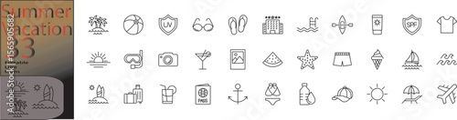Summer Vacation icon set.  Editable line icons. Vector illustration.