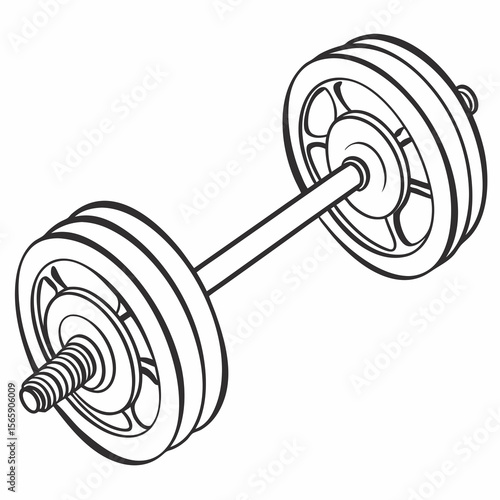 Black and white illustration of a barbell with weight plates on a white background