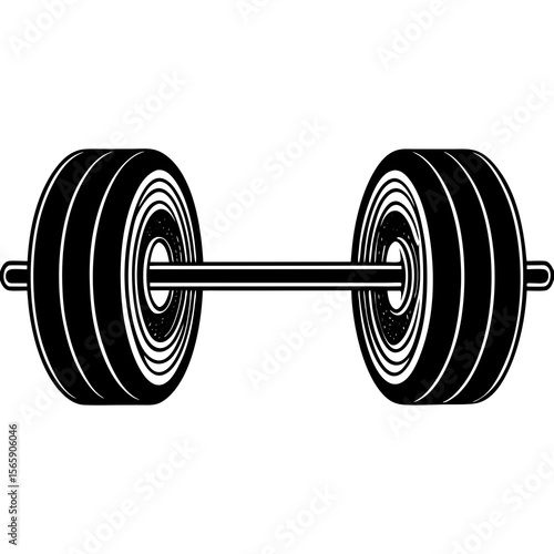 Black and white illustration of a barbell with weight plates on a white background