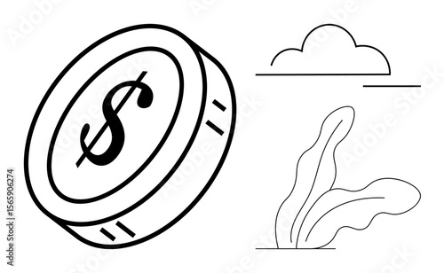 Coin with dollar symbol floating next to abstract leaf and cloud outlines. Ideal for finance, economy, growth, nature, savings, investment, wealth concepts. Simple flat metaphor
