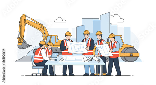 Construction project planning and team collaboration on blueprints with heavy machinery and urban skyline in the background