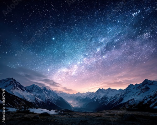 Snowy mountains under a starry night sky