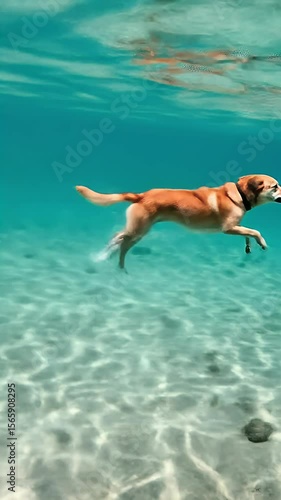 Realistic Video Dog Swimming Underwater In Turquoise Water
