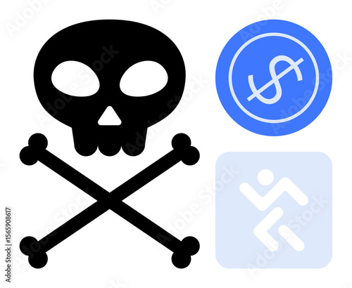 Skull and crossbones, dollar sign in blue circle, and fleeing figure icon suggest danger, financial risk, and urgency. Ideal for security, fraud warning, economy, crisis fear alert simple flat
