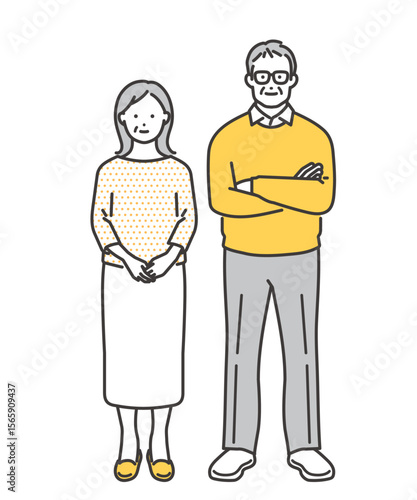 腕を組んでいるシニア世代の夫婦　イラスト素材