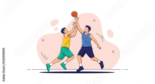 Two Young Athletes Competing in a Basketball Game Reaching for the Ball in a Dynamic Pose