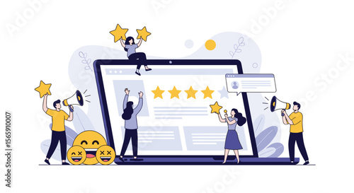 Customers sharing positive reviews and celebrating five star ratings online with enthusiasm and joy
