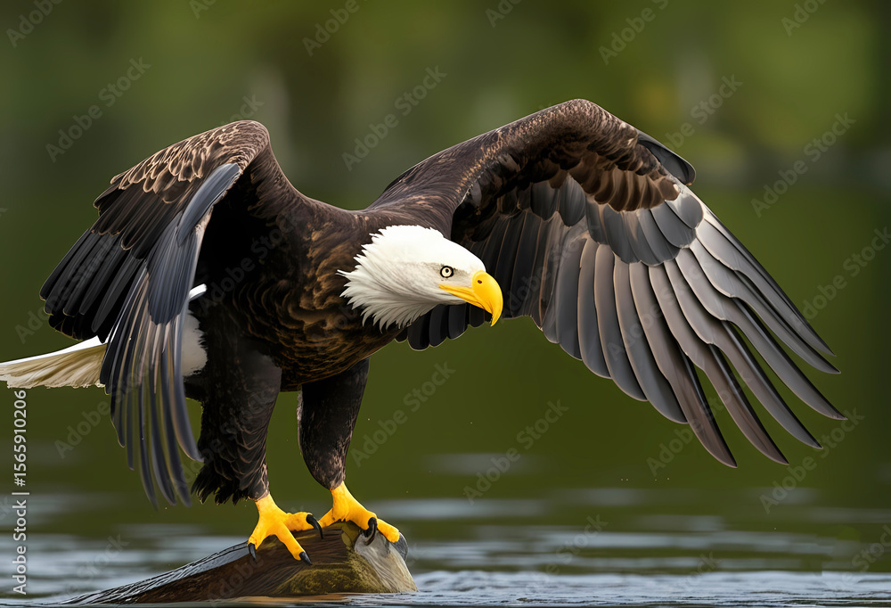 Fototapeta premium Majestic bald eagle perched on a log with wings spread, ready to take flight over the water.