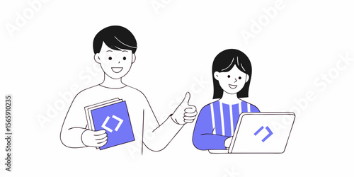 Happy Students Learning to Code with Books and Laptop